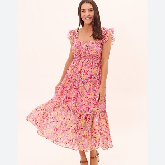 Greylin Daniela Smocked Burnout Chiffon Midi Dress is Bubble Gum - Picture 1 of 7